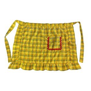 Handmade Vintage Yellow Plaid Half Apron w/Pocket Tie Back Waist Ruffle Hem
